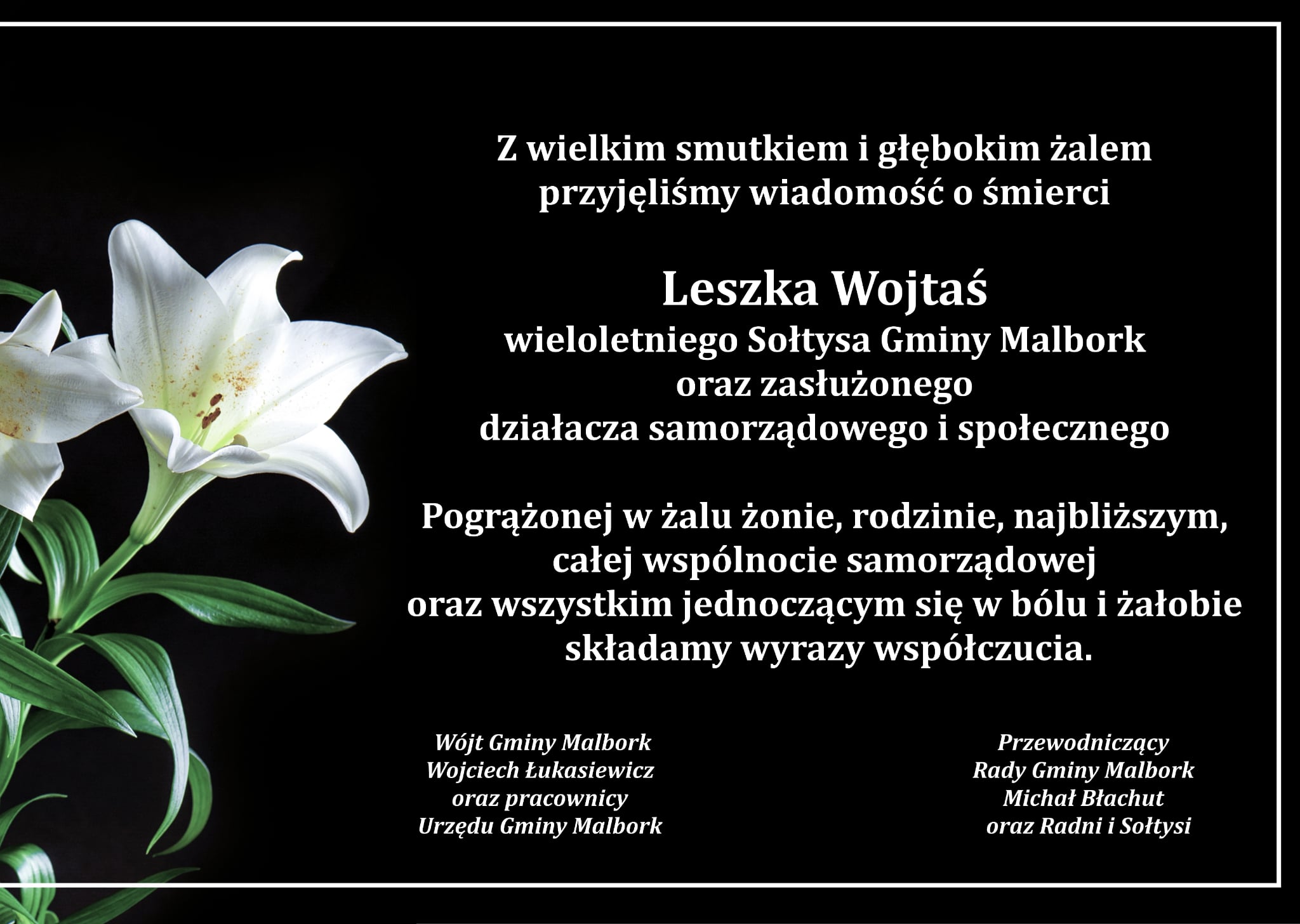 Wyrazy współczucia z powodu śmierci sołtysa Leszka Wojtaś