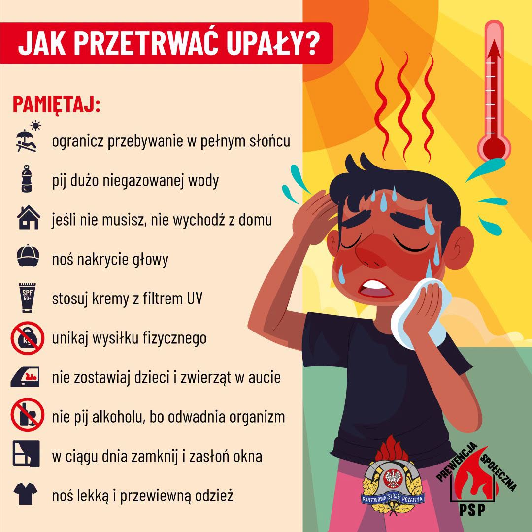 Na grafice widoczna jest infografika edukacyjna pt. &bdquo;Jak przetrwać upały?&rdquo;. Po lewej stronie umieszczono listę zaleceń dotyczących bezpiecznego zachowania podczas wysokich temperatur, m.in. ograniczenie przebywania w&nbsp;pełnym słońcu, picie dużej ilości niegazowanej wody, pozostanie w&nbsp;domu, noszenie nakrycia głowy, stosowanie krem&oacute;w z&nbsp;filtrem UV, unikanie wysiłku fizycznego, niezostawianie dzieci i&nbsp;zwierząt w&nbsp;samochodzie, unikanie alkoholu, zasłanianie okien w&nbsp;ciągu dnia oraz&nbsp;noszenie lekkiej i&nbsp;przewiewnej odzieży.  Po prawej stronie znajduje się ilustracja osoby odczuwającej skutki upału &ndash; z&nbsp;zaczerwienioną twarzą, spoconej, przykładającej chłodny okład do policzka. W tle widoczne jest intensywne słońce, termometr wskazujący wysoką temperaturę oraz&nbsp;elementy graficzne symbolizujące gorąco. W dolnej części grafiki umieszczono oznaczenia Państwowej Straży Pożarnej oraz&nbsp;hasło &bdquo;Prewencja społeczna PSP&rdquo;.