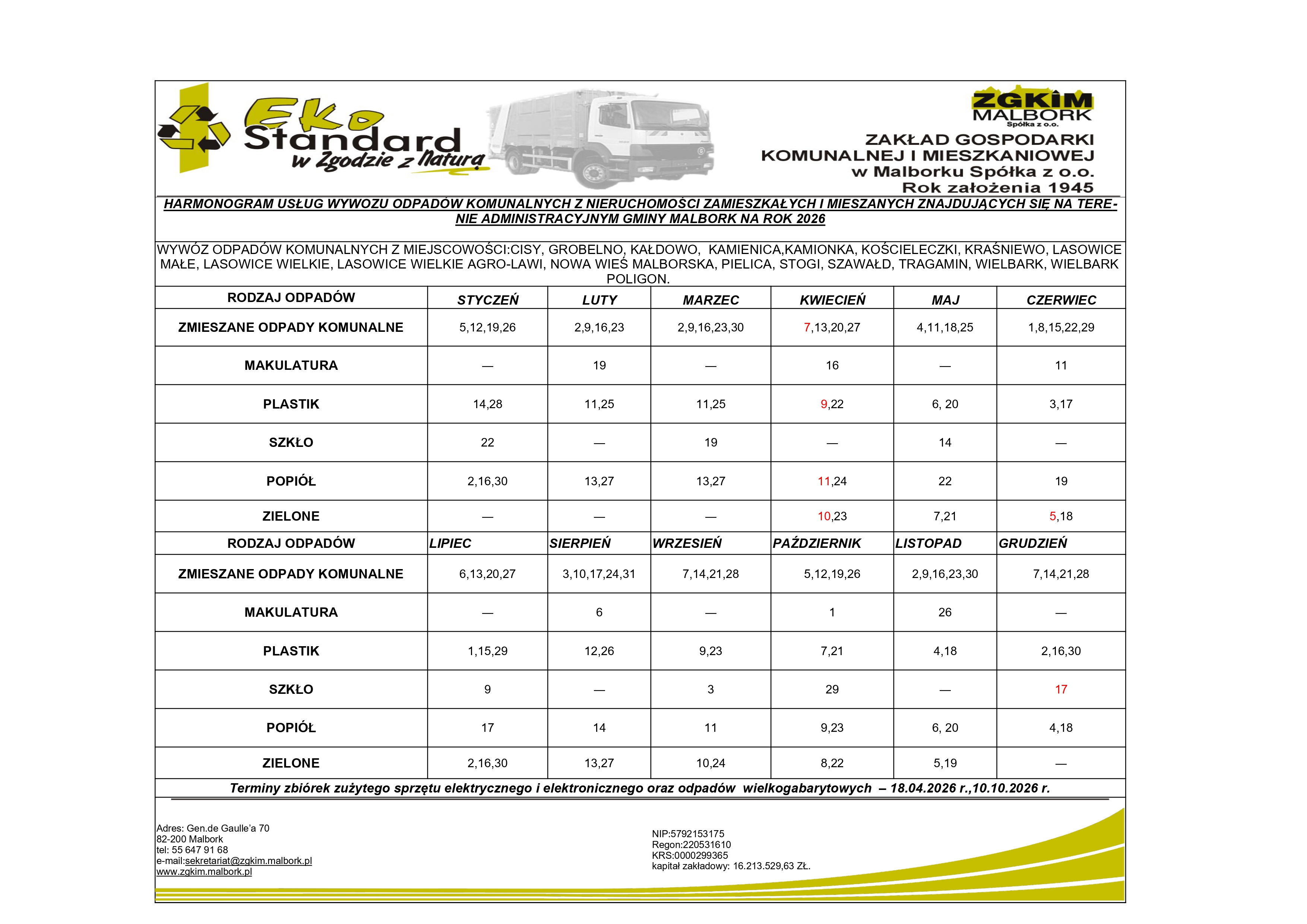 Harmonogram wywozu odpad&oacute;w komunlanych na&nbsp;2026 r.