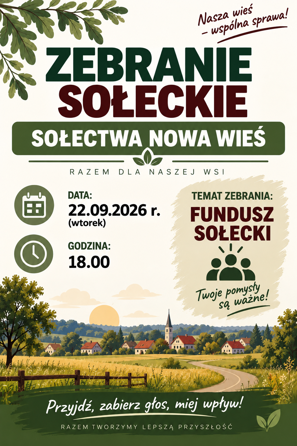 Plakat informujący o&nbsp;zebraniu sołeckim Sołectwa Nowa Wieś. Na plakacie widnieje duży napis &bdquo;ZEBRANIE SOŁECKIE&rdquo; oraz&nbsp;nazwa &bdquo;SOŁECTWA NOWA WIEŚ&rdquo;. Zebranie odbędzie się 22 września 2026 roku, we wtorek, o&nbsp;godz. 18.00. Tematem spotkania będzie &bdquo;FUNDUSZ SOŁECKI&rdquo;. Plakat zachęca mieszkańc&oacute;w hasłem &bdquo;Przyjdź, zabierz głos, miej wpływ!&rdquo;. W tle przedstawiono wiejski krajobraz, pola, drzewa i&nbsp;zabudowania, a&nbsp;całość utrzymano w&nbsp;zielonej, kremowej i&nbsp;bordowej kolorystyce.