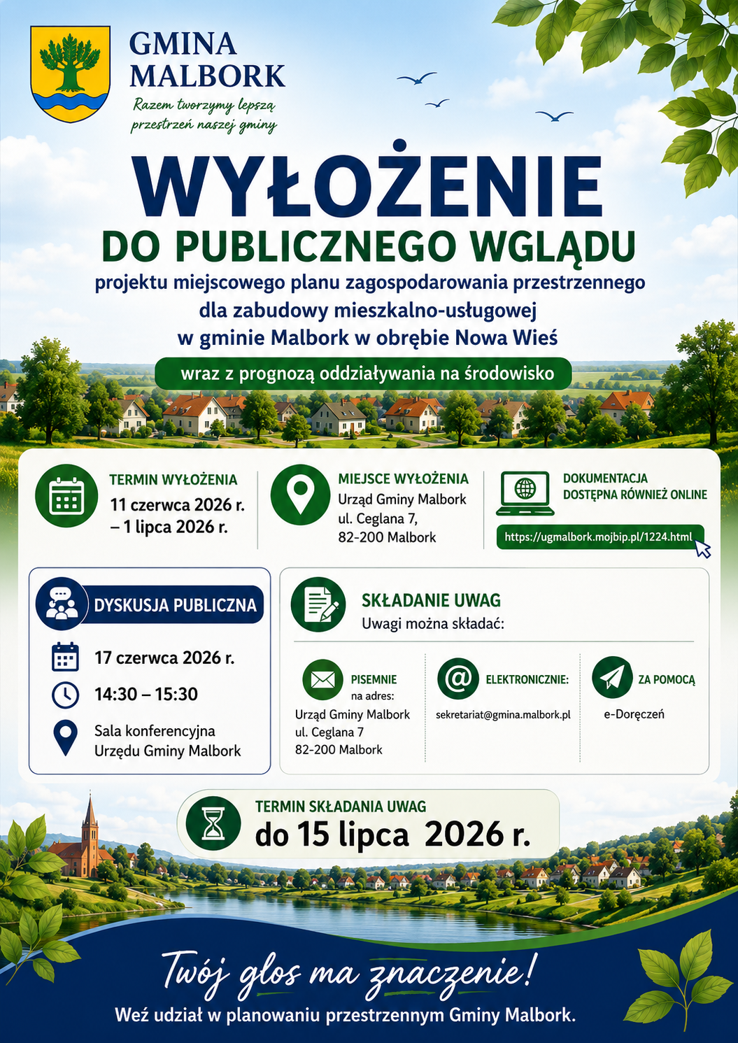Plakat informacyjny Gminy Malbork dotyczący wyłożenia do publicznego wglądu projektu miejscowego planu zagospodarowania przestrzennego dla zabudowy mieszkalno-usługowej w&nbsp;obrębie Nowa Wieś wraz z&nbsp;prognozą oddziaływania na&nbsp;środowisko. W g&oacute;rnej części znajduje się herb Gminy Malbork oraz&nbsp;duży nagł&oacute;wek &bdquo;Wyłożenie do publicznego wglądu&rdquo;. Pod nagł&oacute;wkiem podano nazwę projektu oraz&nbsp;informację o&nbsp;prognozie oddziaływania na&nbsp;środowisko.W centralnej części plakatu przedstawiono najważniejsze informacje: -termin wyłożenia dokumentacji od 11 czerwca 2026 r. do 1 lipca 2026 r., -miejsce wyłożenia: Urząd Gminy Malbork przy ul. Ceglanej 7 w&nbsp;Malborku, -możliwość zapoznania się z&nbsp;dokumentacją r&oacute;wnież online pod adresem https://ugmalbork.mojbip.pl/1224.html.  Po lewej stronie znajduje się sekcja dotycząca dyskusji publicznej, kt&oacute;ra odbędzie się 17 czerwca 2026 r. w&nbsp;godzinach 14:30&ndash;15:30 w&nbsp;sali konferencyjnej Urzędu Gminy Malbork.  Po prawej stronie umieszczono informacje o&nbsp;składaniu uwag do projektu. Uwagi można składać pisemnie na&nbsp;adres Urzędu Gminy Malbork, elektronicznie na&nbsp;adres sekretariat@gmina.malbork.pl lub&nbsp;za pomocą e-Doręczeń.  W dolnej części plakatu wyr&oacute;żniono termin składania uwag do 15 lipca 2026 r. Na tle grafiki przedstawiającej krajobraz wiejski i&nbsp;zabudowę gminy znajduje się hasło: &bdquo;Tw&oacute;j głos ma znaczenie! Weź udział w&nbsp;planowaniu przestrzennym Gminy Malbork&rdquo;.  Plakat utrzymany jest w&nbsp;kolorystyce zielono-granatowej z&nbsp;wykorzystaniem ikon kalendarza, lokalizacji, dokument&oacute;w i&nbsp;komunikacji elektronicznej oraz&nbsp;motyw&oacute;w przyrodniczych nawiązujących do charakteru gminy.