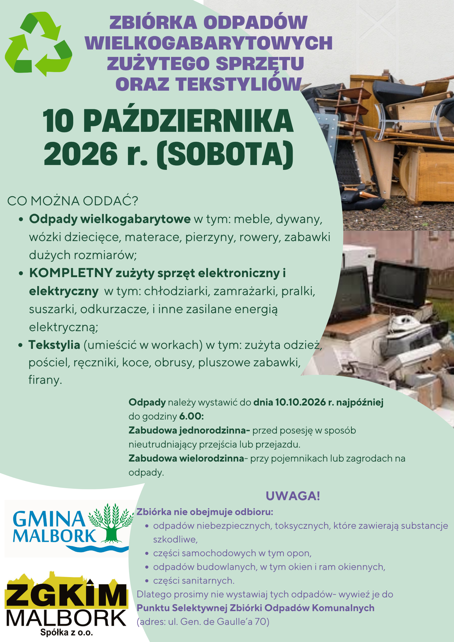 Plakat informujący o&nbsp;organizowanej zbi&oacute;rce odpad&oacute;w wilekogabarytowych