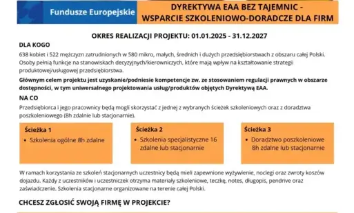 Plakat informujący o projekcie DYREKTYWA EAA BEZ TAJEMNIC - WSPARCIE SZKOLENIOWO-DORADCZE DLA FIRM