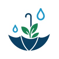  Logo parasola z rośliną i kroplami wody, symbolizujące ochronę i nawadnianie.  