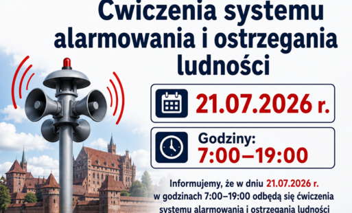 Grafika informacyjna Urzędu Gminy Malbork dotycząca ćwiczeń systemu alarmowania i ostrzegania ludności. W górnej części znajduje się granatowo-czerwony nagłówek z napisem „KOMUNIKAT” oraz logo Gminy Malbork. Po lewej stronie widoczna jest syrena alarmowa 