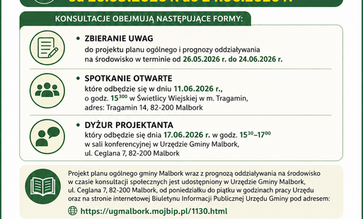 Kwadratowy plakat do mediów społecznościowych przygotowany przez Gminę Malbork informujący o konsultacjach społecznych dotyczących planu ogólnego gminy i prognozy oddziaływania na środowisko. W lewym górnym rogu widoczny jest herb oraz napis „Gmina Malbor