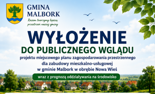 Plakat informacyjny Gminy Malbork dotyczący wyłożenia do publicznego wglądu projektu miejscowego planu zagospodarowania przestrzennego dla zabudowy mieszkalno-usługowej w obrębie Nowa Wieś wraz z prognozą oddziaływania na środowisko. W górnej części znajd