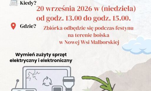 „SADZONKA ZA ELEKTROŚMIECI" Gdzie? Kiedy? 20 września 2026 w (niedziela) od godz. 13.00 do godz. 15.00. Zbiórka odbędzie się podczas festynu na terenie boiska w Nowej Wsi Malborskiej Wymień zużyty sprzęt elektryczny i elektroniczny na sadzonki roślin 